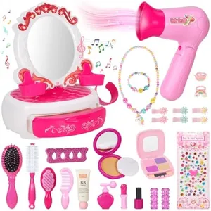 VGOFUN Hair Salon Toys for Girls,27pcs Toddler Beauty Salon Playset Beauty Hair Stylist Kit with Music Light Vanity & Realistic Hairdryer,Kids Pretend Play Makeup Set Gift for Birthday Christmas