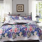 Travan Queen Quilt Set 3-Piece Bedspread Quilted Oversized Lightweight Microfiber Coverlet Set with Shams Violet Purple Floral Pattern Quilted Bedding Set for All Season, Queen