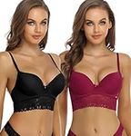 SHEKINI Women's Push Up Bra Underwire Padded Smooth Lace Bras T-Shirt Bra Soft Longline Balconette 2 Pack