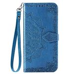 iEugen Compatible with iPhone 12 Pro Max Case,3 Card Slots,1 Note Pockets,Kickstand,Mandala Flower Embossed,Double Magnetic Clasp,Luxury PU Leather Wallet Case Flip Folio Cover,Blue