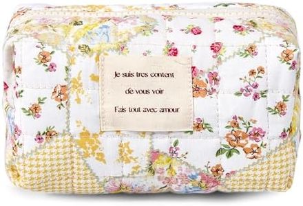 Sminra 2 Pieces Makeup Bag Cute Large Travel Quilted Cosmetic Makeup Bag Organizer, Floral Cotton Coquette Aesthetic Toiletry Bag Storage Bag for Women Girls accessories, Beige Floral-S, 2 Pcs Cotton