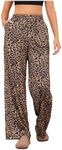 OYOANGLE Women's Leopard Print Elastic High Waist Long Pants Wide Leg Loose Trousers with Pockets Khaki Medium