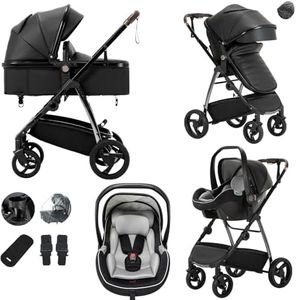 Lnhcrbs Kinderwagen 3 in 1,Kinderwagen Set ist ein mit einer Hand faltbarer Aluminiumrahmen, Bergsteiger Kinderwagen ist aus Leder, wasser- und schmutzabweisend, Für 0-4 Jahre, 22KG(Schwarz)