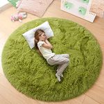 junovo Round Rug, 4ft, Green, Soft Area Rugs for Kids Girls Room Decor, Fluffy Shaggy Carpet, Circular Nursery Rug for Baby Room Home Decor