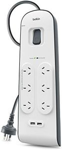 Belkin 6 Way Outlet Surge Protector 2M Power Board 2.4A w 2 USB Ports Charger