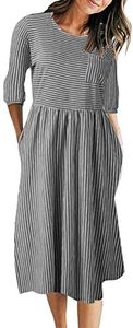 MEROKEETY Women's 3/4 Balloon Sleeve Striped High Waist T Shirt Midi Dress, Charcoal, Medium