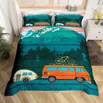 Camping Duvet Cover Set Super King Size, Camper Truck Bicycle Comforter Cover with 2 Pillowcases, Rustic Farmhouse Bedding Set 3pcs for Kids Boys Girls Bedroom Decor, Mountain Trees Bedspread Cover