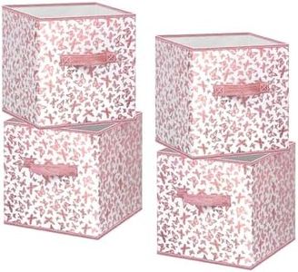 MYTHAUS Cube Storage Bin, 11 Inch Pink Cube Storage Organizer Bins, Collapsible Fabric Storage Cubes with Dual Handles&Tags, 4-Pack Storage Boxes for Cubby Shelf Closet Storage, Rose Gold Butterfly