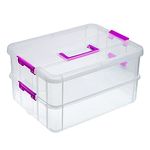 JuxYes 2-Tiers Layer Stack Carry Storage Box With Colored Handle Latching Lid - Transparent Plastic Handled Box, Multipurpose Organizer Container Box for School/Office Supplies,Purple