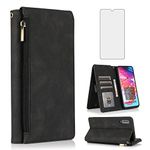 Compatible with Samsung Galaxy A70 Wallet Case Tempered Glass Screen Protector Zipper Leather Flip Cover Card Holder Stand Cell Accessories Phone for Glaxay A70S A 70 Gaxaly 70A S70 Women Men Black