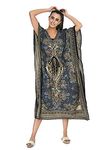 spurbayfashions Women's Kaftan - Gamla Print Tunic Kimono Long Maxi Dress for Loungewear, Holidays, Nightwear, Beach, and Everyday Cover Up Grey