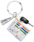 Circle Bangle Leather Keychain Wallet ID Card Holder Keyring Wristlet Bracelet Key Ring Chain Tassel Purse Women Girls (Refined White Marble)