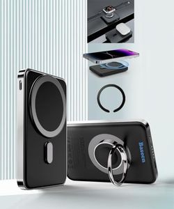 Basecn 3 in 1 Magnetic Wireless Power Bank, 5000mAh Wireless Charger Compatible with iPhone iWatch Airpods, Phone Stander, Ring Holder, Apple PD 20W Fast Charging USB C (Black)