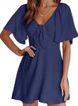 Dokotoo Womens Cute Short Summer Dresses Casual Sexy V Neck Bow Tie Front Beach Dress Ruffle Half Bell Sleeve Smocked Back Elegant Flowy Chiffon Mini Short Skirt Dresses for Women Ladies Blue XL