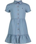 Nautica Girl's Short and Long Sleeve Shirt Dress, Dark Denim Colors, Chambray Light Wash, 12-14