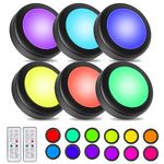 WUYOR Wireless Under Cabinet Lights, 16 Colors LED Under Cupboard Lights, Stick on Wardrobe Lights Under Counter Lights with Remote Control, RGB Brightness Adjustable Puck Lights 6 Packs Black