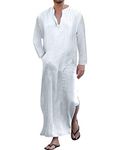 YAOHUOLE Mens Kaftan Robes Middle East Muslim Thobe Cotton Linen V-Neck Long Sleeve White M