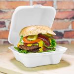 HOT BARGAINS 100 X 6 Bagasse Burger Box Clamshell Takeaway Box Clean white Size (152x152x78mm/6) For Takeaway Burgers Manufacturer Sealed Packaging (Hygiene Proof)