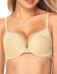 WingsLove Women's Push up Bra Underwire Support Bra Floral Lace Comfort Padded Bra Demi Plunge (Nude 38C)