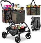 Keoslpy Folding Shopping Cart with Wheels, 75Lbs Collapsible Grocery Cart with Removable Basket&Universal Wheels, One-Click Folding, Personal Portable Shopping Cart for Groceries, Laundry, Camping etc