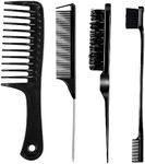 Goiple 4 Pieces Hair Styling Comb Set Including Wide Tooth Comb, Dual Sided Hair Edge Brush, 3 Row Salon Teasing Brushes, and Rat Tail Comb for Women (Black-4pcs)