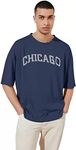 BOKARO Cotton Blend Men's Oversized Fit CHICAGO Printed T-Shirt (L, Blue)