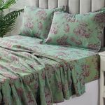 FADFAY King Size Sheets Set Green Floral Bed Sheet 100% Cotton Muslin Shabby Vintage Bedding Purple Peony Flower Printed Sheet Linen Like Gauze Deep Pocket Sheets Luxury Soft Breathable, 4Pcs
