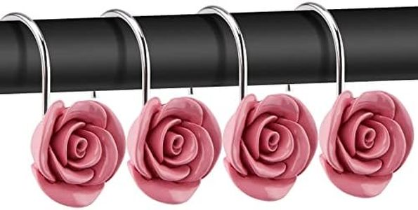 AGPTEK Rose Shower Curtain Hooks, 12PCS Anti Rust Decorative Resin Hooks for Bathroom, Baby Room, Bedroom, Living Room Decor (Pink Rose)