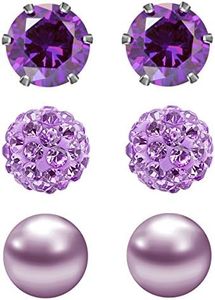 JewelrieShop Purple Studs Earrings for Women CZ Rhinestones Crystal Ball Fake Pearl Stainless Steel Party Stud Febrary Birthstone Earring Set for Girl (3 pairs,6mm Round,Feb)