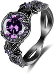 Tsnamer Gothic Black Rings for Women, Mystic Rainbow Topaz with Created Amethyst Flower Goth Black Gold Wedding Engagement Ring Size 6 to 11, Non-Precious Metal, Cubic Zirconia