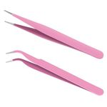 Ainiv 2Pcs Straight Curved Tweezers, Lash Tweezers, Stainless Steel Pointed Tweezers Kit, Sticker Tweezers, Craft Tweezers for Eyelash Extensions, DIY Crafts, Nail Art, Jewelry Making (Pink)