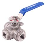 DERNORD 3-Way Ball Valve, T Mounting Pad, Stainless Steel 304 Female Type for Water, Oil, and Gas with Vinyl Locking Handle (3/8 Inch NPT)