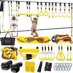 NINJA LINE 2X65FT Ninja Warrior Obstacle Course for Kids- Ninja Slackline with 14 Obstacles - Ninja Course for Kids with Swing, Ladder,Monkey Bar,Arm Trainer, Climbing Rope