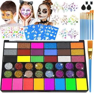 Professional Face Painting Kit for Kids – 42 Color Water Activated Facepaint Makeup Kit, Non-Toxic face Paint with Stencils, Gems, Brushes– for Halloween, Parties, Carnival, School Event & Festivals