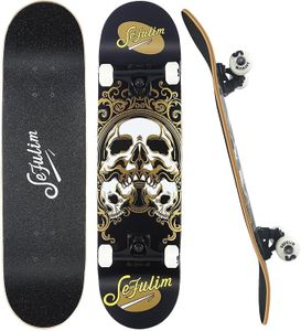 Sefulim 31 x 8 Inch Complete Skateboard 7 Layer Canadian Maple Double Kick Deck Concave Cruiser Trick Skateboard for Boys Girls Teens Adults Beginner（Skull）