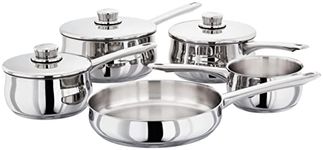 Stellar 1000 S1C1B Set of 5 Stainless Steel Pans, 20cm, 18cm, 16cm Deep Saucepans, Lids, 24cm Frying Pan, Milk Pan, Induction Ready - Fully Guaranteed