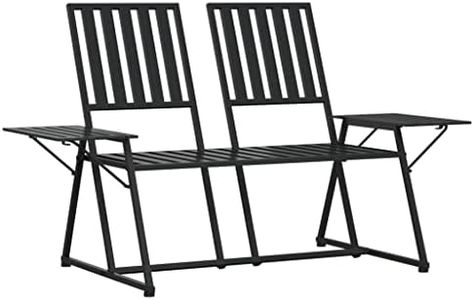 vidaXL Industrial Style 2-Seater Garden Bench in Black - Outdoor Metal Bench Seat with Built-in Side Tables - Weather-Resistant and Durable