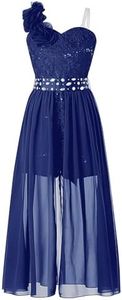 Freebily Fleur Robe De Mariage Soiree Fille Robe Princesse Cocktail Ceinture Strass Robe De Danse Bal Enfant Justaucorps Gymnastique avec Short Cachee Chic 5-16 Ans Fleur Bleu Marine 11-12 Ans