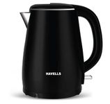 Havells Electric Kettle Altro 1250 Watts 1.5 liters, Double Layered Cool Touch Outer Body | 304 Rust Resistant SS Inner Body with Auto Shut Off | Wider Mouth | 2 Yr Manufacturer Warranty (Black)