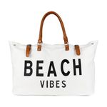 Beach Bag with Vegan Leather Handle, Extra Large Beach Bag for Women Waterproof Sandproof, White, White, XXL 码, Beach Vibes