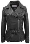 Womens Real Leather Biker Jacket Cross Zip with Waist Belt Celia (14, Black)