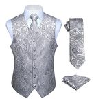 Hisdern Men's Paisley Floral Jacquard Waistcoat&Necktie and Pocket Square Vest Suit Set, Gray, S(Chest 41inch)