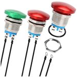 MKBKLLJY 3Pcs 16mm Red/Green Metal Shell Mushroom Head Push Button Switch Momentary Push Button Switch IP65 Waterproof 12V 24V 36V DC 110V 250V AC 5A SPST 1NO Screw Terminalwith Wires,for Car, Boat