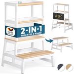 Spielwerk® Kitchen Learning Tower | Toddler Step Stool for Ages 2+ | 100 KG / 220lbs Weight Capacity | Adjustable Height & Safety Rail | Solid Pine Wood | White | 56 x 49 x 93cm (22x19x36in)