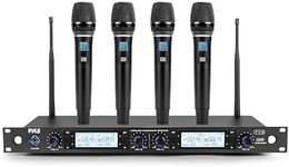 Pyle Wireless Microphone System | Includes 4 Handheld Cordless Mics with 200ft Range | UHF Selectable Frequencies | Rack Mountable Plug & Play Setup | Clear Sound for Churches, Karaoke, Singing