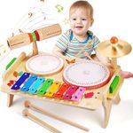 OATHX Kids Drum Set,7 in1 Wooden Xylophone Toddler Drum Set,Baby Percussion Musical Instruments Toys,Birthday Gifts for Children Boys and Girls