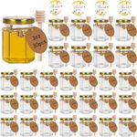 DHSBTLS 30 Pack 3 oz Mini Glass Honey Jar, 85ml Small Honey Container with Wooden Dipper, Bee Pendants, Stickers, Dishwasher Safe, Canning Jars Perfect for Baby Shower Favors, Wedding Favors Party