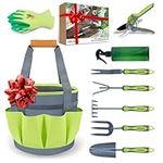 Hortem Gardening Tools Set, 9PCS Garden Tools Gifts for Women Men, include Durable Steel Trowel Set, Large Garden Tote Bag, Garden Gloves and Hand Pruner