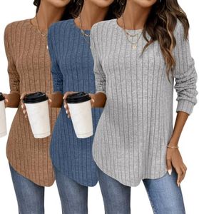 Bliwov 3 Pack Womens Curved Hem Long Sleeve Shirts Fall Sweaters Tunic Tops