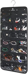 Freegrace Hanging Jewelry Organizer Revolving Hanger - Secure Zipper Closure - 50 Pockets - Foldable Storage & Display Solution - for All Jewelry & Bijoux (Black)